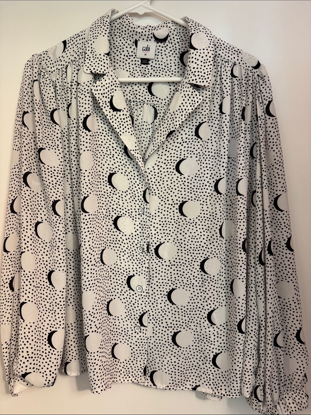 CAbi White and Black Crescent Moon Button-Front Blouse